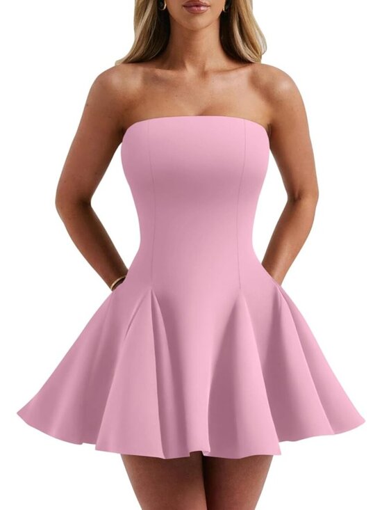 Dresses & Skirts - Women's Pink Strapless Homecoming Off The Shoulder Sleeveless Mini Dress